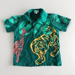 KENZO Kids Boy Green Polo Shirt Zoo Animals Size 4 Tiger Giraffe Preppy School